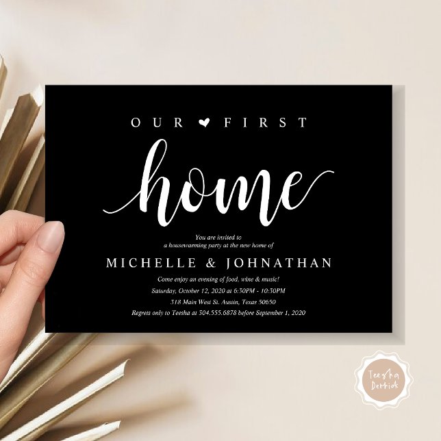 Nuestro nuevo hogar, tarjetas de invitación para f (Our first home, Housewarming party celebration invitation card, in classy black.)