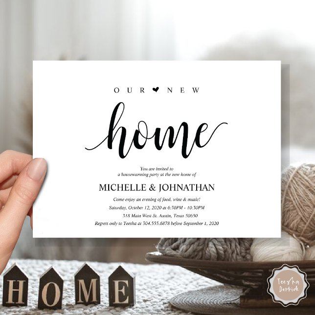 Nuestro nuevo hogar, tarjetas de invitación para f (Our New Home, Housewarming  Party Invitation Card, PDF, Modern Rustic, Heart, Black and White)