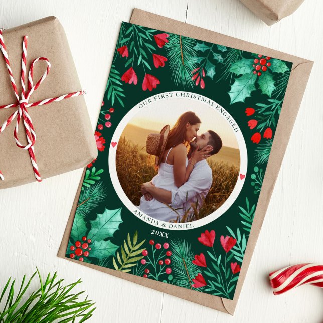 Nuestro primer follaje acuarela de Navidad (Our First Christmas Engaged Watercolor Foliage Holiday Card)