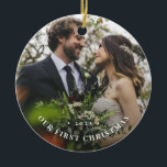 Nuestro primer ornamento de fotos de Navidad<br><div class="desc">Sencillo y elegante,  esta tipografía moderna "nuestro primer adorno cerámico de Navidad" es fácil de personalizar con una foto favorita,  año y más fácil de editar texto.</div>