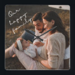 Nuestro reloj de pared de fotos de familia feliz<br><div class="desc">Este reloj moderno presenta su mejor foto familiar,  con elegante tipografía escrita a mano 'Nuestra feliz familia'.</div>