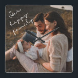 Nuestro reloj de pared de fotos de familia feliz<br><div class="desc">Este reloj moderno presenta su mejor foto familiar,  con elegante tipografía escrita a mano 'Nuestra feliz familia'.</div>