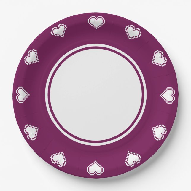Nuestros Corazones de 8 Bits en Plato de Papel de  (Anverso)