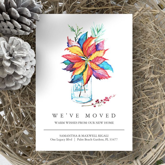 Nueva acuarela de Invitación de desplazamiento de  (Christmas moving announcement watercolor poinsettia by Victoria Grigaliunas of Do Tell A Belle)