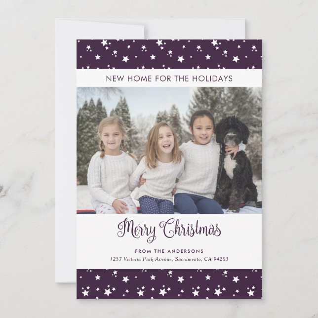 Nueva casa con foto morada para tarjetas de vacaci (Anverso)