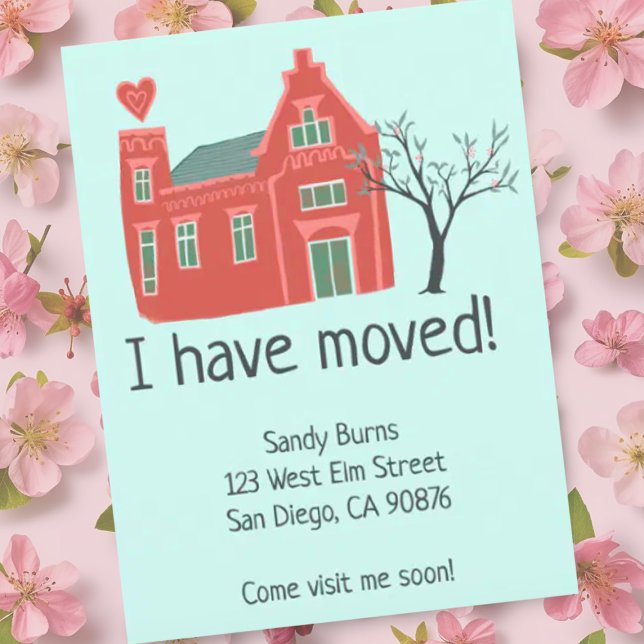 Nueva casa de Invitación móvil de dirección reside (Cute house illustration on these custom new address moving announcement postcards. Add you own text)
