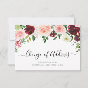 Nueva dirección burgundy floral invitación en movi