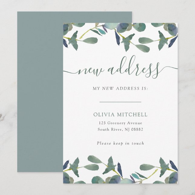 Nueva dirección | Escudo Eucalyptus Invitación móv (Anverso / Reverso)