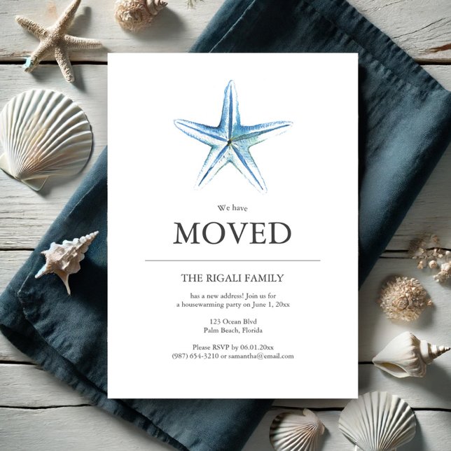 Nueva dirección Invitaciones Beach House Starfish (New address invitations beach house watercolor blue starfish art by Victoria Grigaliunas)