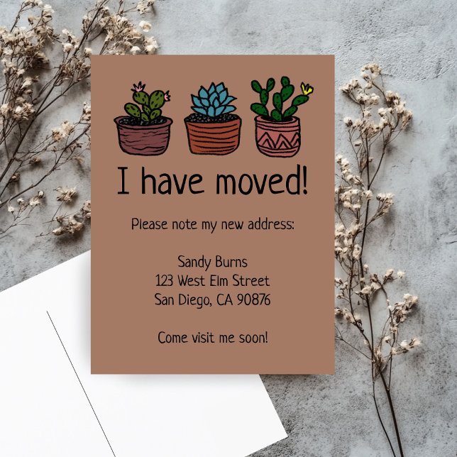 Nueva dirección residencial Invitación móvil Cute  (New Home Address Moving Announcement Cute Cacti Postcard
)