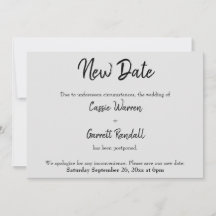 "Nueva fecha": Boda negro pospuesto en tarjeta gri