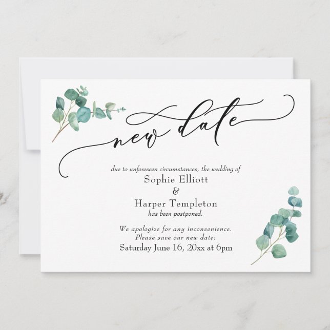 Nueva fecha Eucalyptus posponía la Invitación Boda (Anverso)