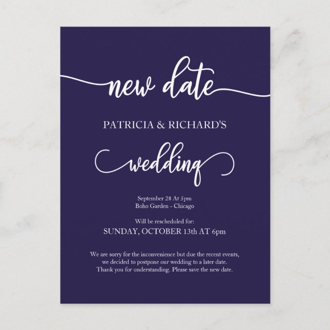 Nueva fecha pospuesta Boda Invitación Azul de la M (Anverso)