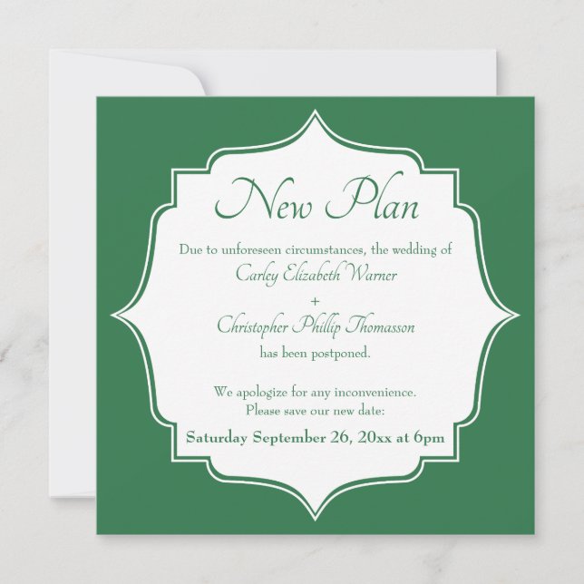 Nueva fecha pospuesta Boda, Invitación verde (Anverso)