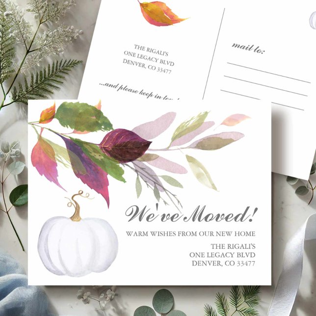 Nueva Invitación de cambio de dirección en movimie (Fall moving announcements colorful foliage and white pumpkin)