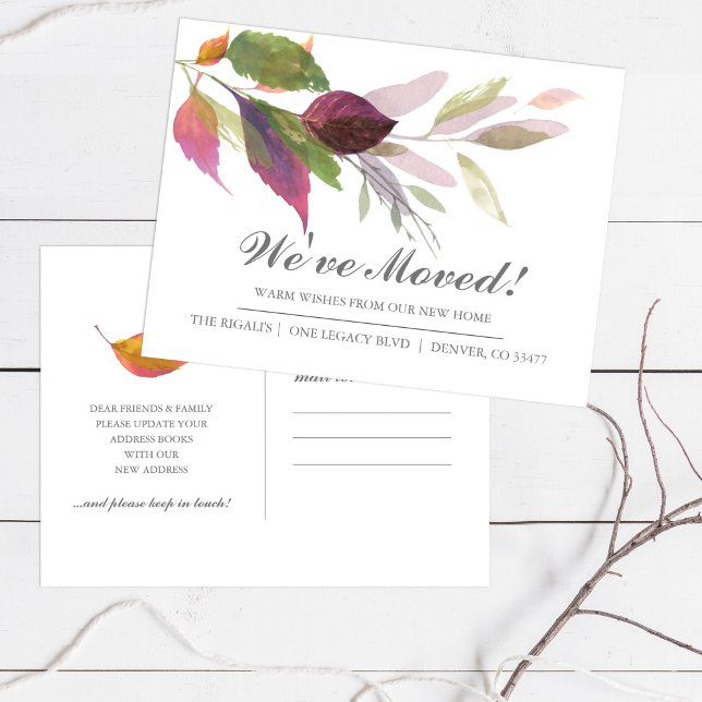 Nueva Invitación de cambio de dirección en movimie (New address moving announcement card autumn leaves )
