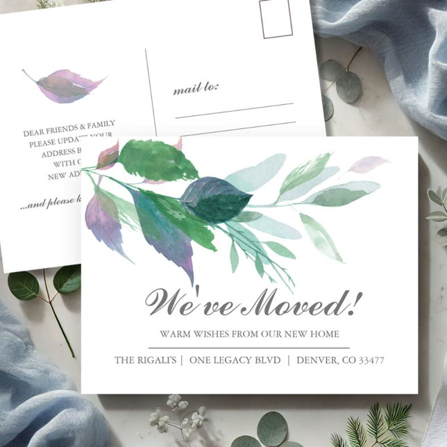 Nueva Invitación de cambio de dirección en movimie (Moving announcement postcards watercolor leaves)