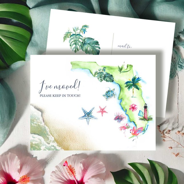 Nueva Invitación de mudanza del estado de Florida (Florida moving announcement postcards illustrated watercolor map art by Victoria Grigaliunas)