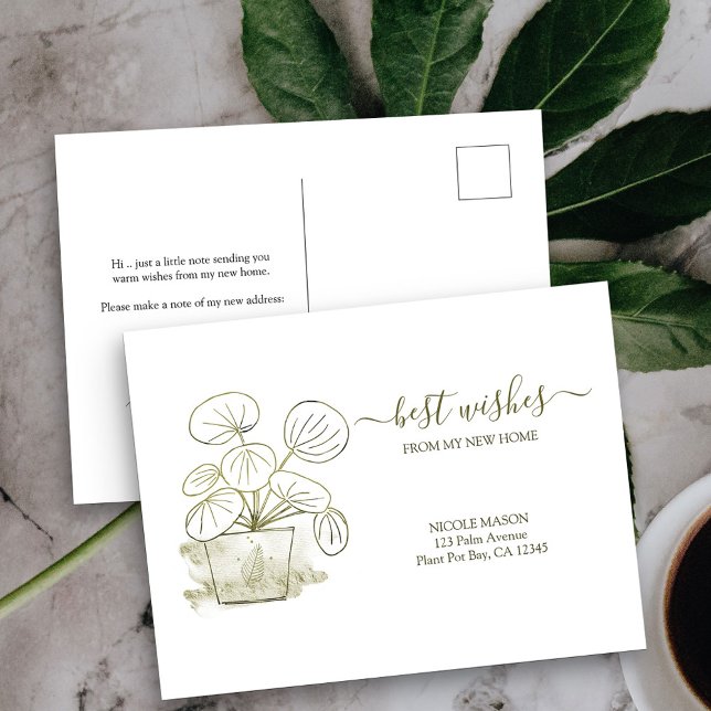 Nueva Invitación móvil de la planta de dinero chin (New Address postcard with watercolor line art potted plant design)