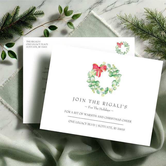 Nueva Página De Inicio Para Las Invitaciones De Na (Christmas party invitations postcard open house watercolor wreath Victoria Grigaliunas VG Invites)