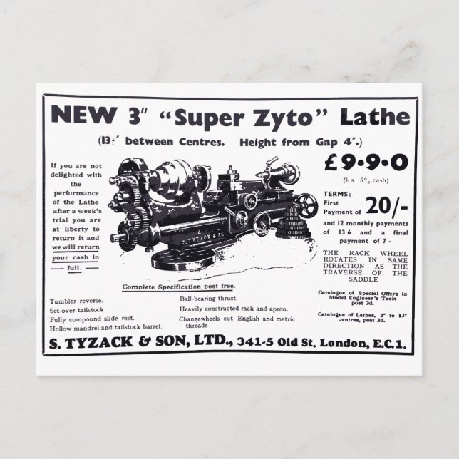 Nueva postal del Super Zyto Lathe Avert de 1930 (Anverso)