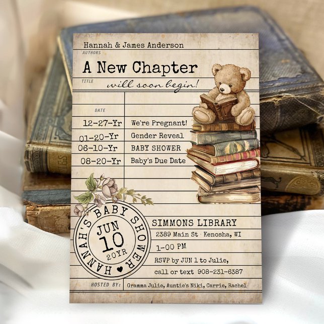 Nueva tarjeta de biblioteca de libros antiguos par (New Chapter Vintage teddy bear library card books theme floral gender neutral baby shower invitation)