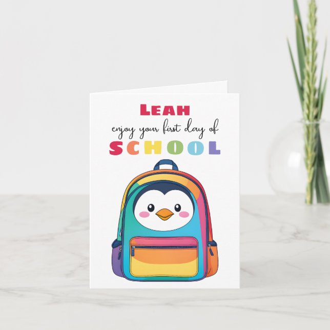 Nueva tarjeta de inicio escolar hijo hija pingüino (Anverso)