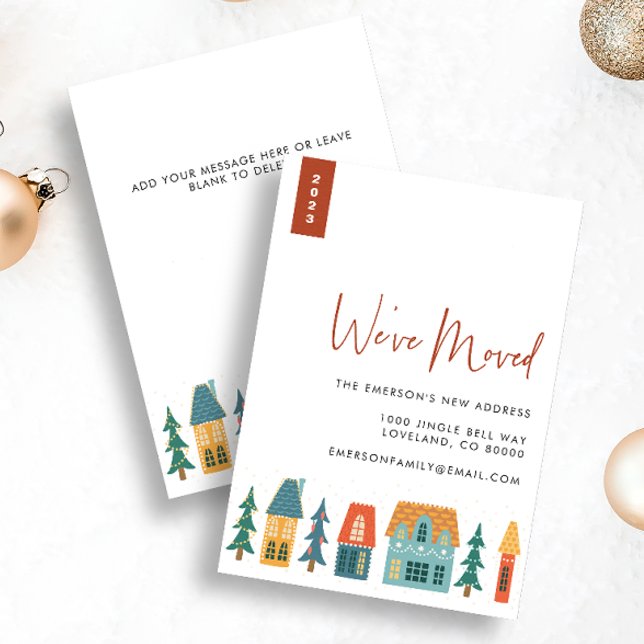 Nueva tarjeta de vacaciones residencial retro (2023 We've Moved Holiday Retro Houses Christmas Card with message on back)