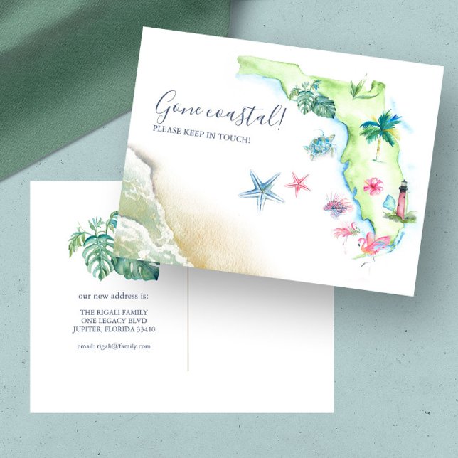 Nueva tarjeta postal de anuncio de mudanza del est (Florida moving announcement unique watercolor map art by Victoria Grigaliunas of Do Tell A Belle)