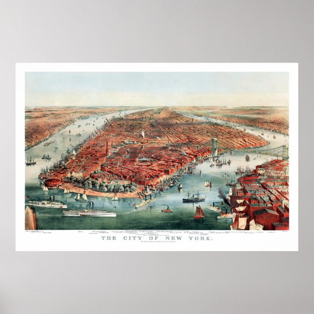 Nueva York, 1870 Impresión de mapa de vista de ojo (Frente)