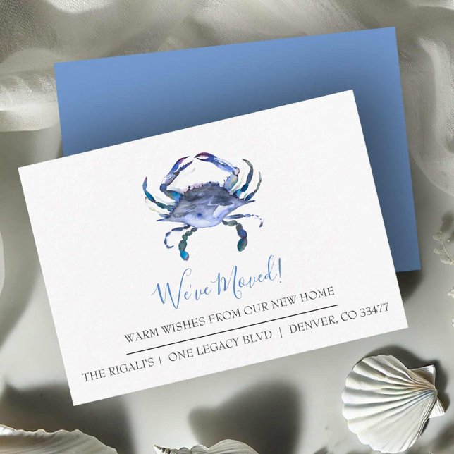 Nuevas tarjetas de negocios de Invitación móvil de (Business moving announcement cards watercolor blue crab art by Victoria Grigaliunas Do Tell A Belle)