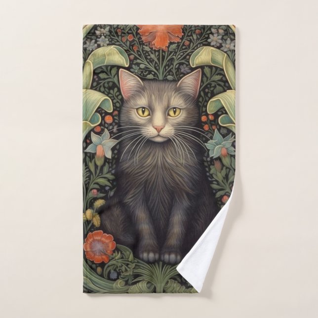 Nuevo arte gato negro y flores rojas (Toalla de mano)
