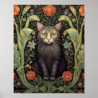 Nuevo arte gato negro y flores rojas