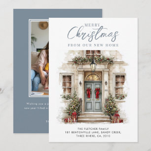 Nuevo Hogar Acuarela Puerta Principal Azul Navidad