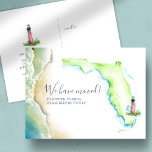 Nuevo hogar Júpiter Estado de Florida Invitación e<br><div class="desc">Vibrantes invitaciones en movimiento de acuarela permiten a amigos y familia conocer su nuevo hogar dulce hogar! El diseño presenta una réplica de mi estado original de la Florida pintado a mano con el faro de Júpiter y la costa de las olas del océano en tonos azules, turquesas y verdes....</div>
