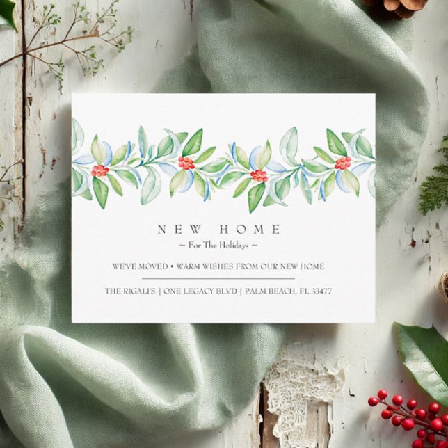 Nuevo Hogar Para La Invitación De Traslado De Vaca (New home Christmas postcards watercolor holiday botanical art by Victoria Grigaliunas VG Invites)