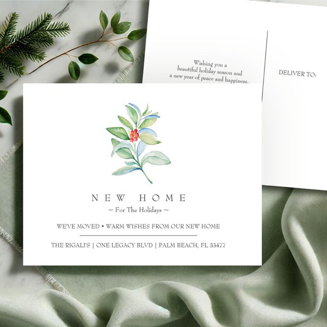 Nuevo Hogar Para La Invitación De Traslado De Vaca (Christmas postcard new address moving announcement watercolor red and green botanical art VG Invites)