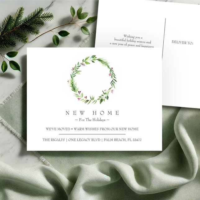 Nuevo Hogar Para La Invitación De Traslado De Vaca (New address Christmas moving announcement a minimalistic watercolor wreath Victoria Grigaliunas)