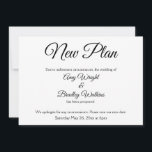 "Nuevo Plan" Anuncio de Boda Postergada con Estilo<br><div class="desc">Aquí hay una tarjeta elegante y sencilla para notificar a sus invitados si se hace necesario cambiar la fecha de su boda. Utilice los campos de la plantilla para agregar sus datos personales y hacer que este diseño moderno y único sea propio. El fondo blanco se puede cambiar a cualquier...</div>