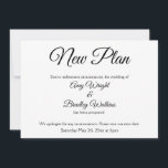 "Nuevo Plan" Anuncio de Boda Postergada con Estilo<br><div class="desc">Aquí hay una tarjeta elegante y sencilla para notificar a sus invitados si se hace necesario cambiar la fecha de su boda. Utilice los campos de la plantilla para agregar sus datos personales y hacer que este diseño moderno y único sea propio. El fondo blanco se puede cambiar a cualquier...</div>