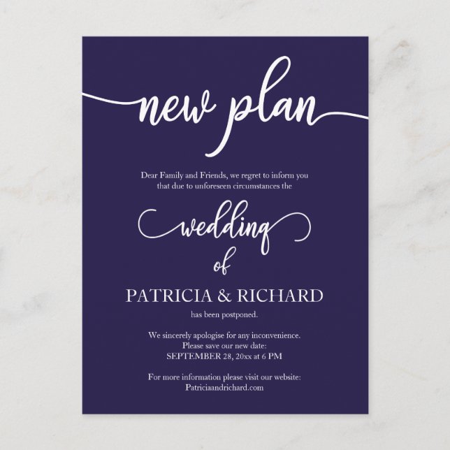 Nuevo plan pospuesto Invitación Boda azul de la Ma (Anverso)
