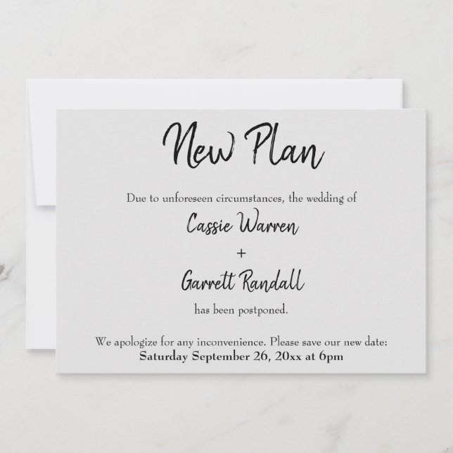 "Nuevo plan" postergado Boda negro con tarjeta gri (Anverso)