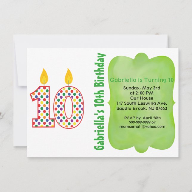 Número 10 Invitación colorida al cumpleaños del pu (Anverso)