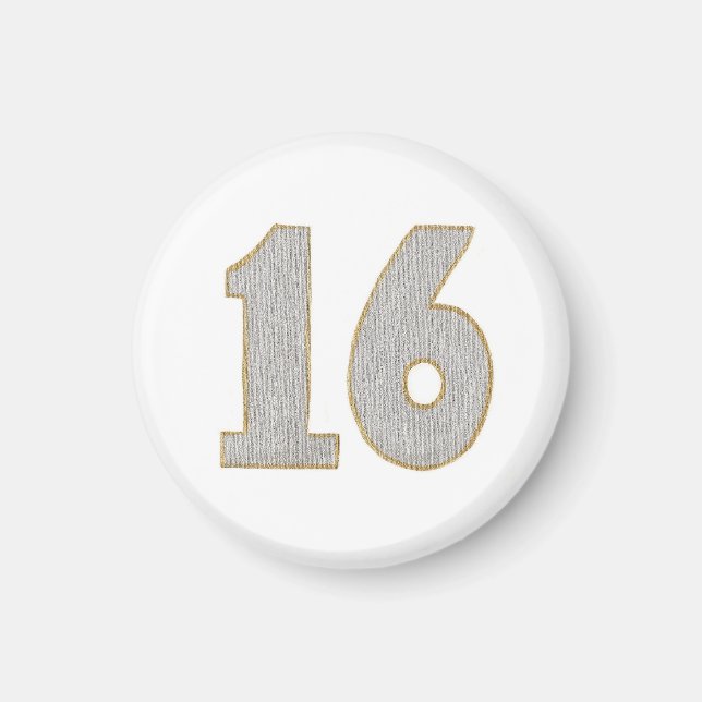 Número 16 imán en plata y oro (Frente)