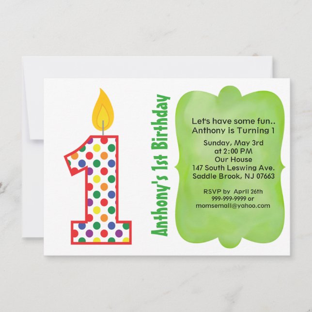 Número 1 Invitación a cumpleaños de Polka Dot colo (Anverso)