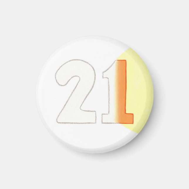 Número 21 imán en blanco, naranja y amarillo (Frente)