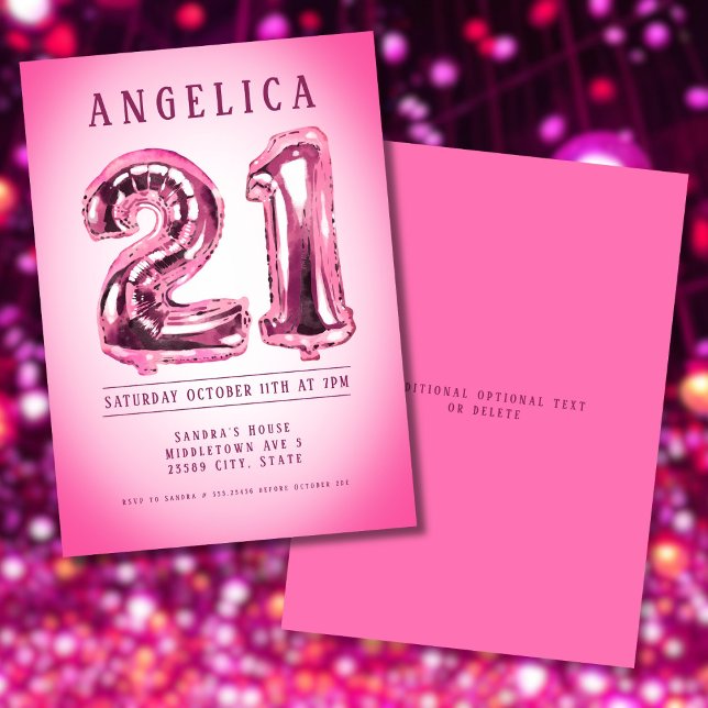 Número de globos 21ª invitación de cumpleaños rosa (Number Balloons 21st Birthday Invitation)