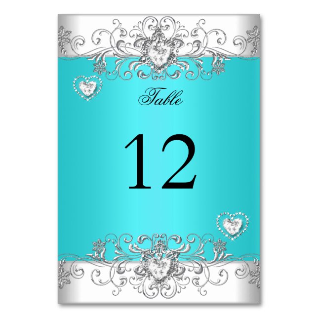 Número de Mesa Azul Turquesa Boda Plata Diamante (Anverso)
