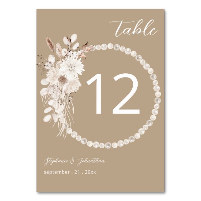 Número de mesa beige con perlas y flores blancas (Anverso)