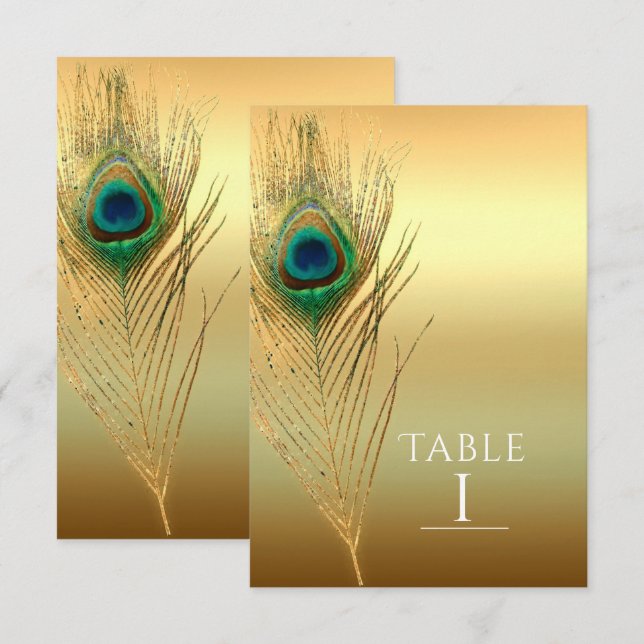 Número de mesa bohemio exótico dorado pluma de pav (Anverso / Reverso)